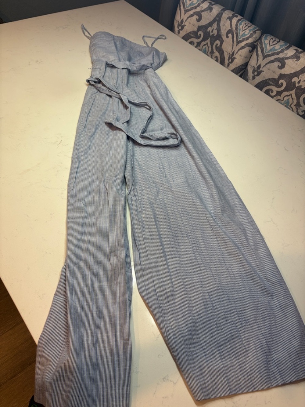 Light Blue Striped Tie-Waist Wide-Leg Jumpsuit